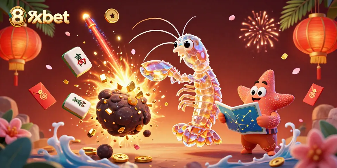 Experience 8xbet's thrilling gaming with a galactic mantis shrimp facing a vibrant explosion of treasures.