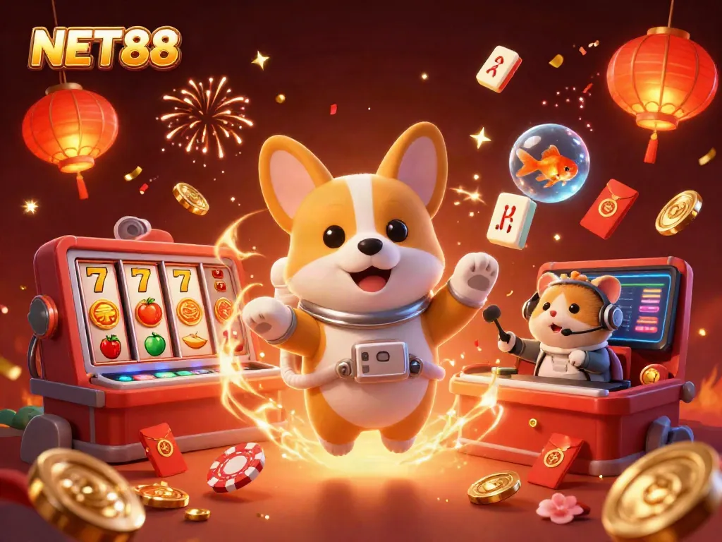 Spin to win with NET88 as a corgi astronaut plays in a casino space adventure.