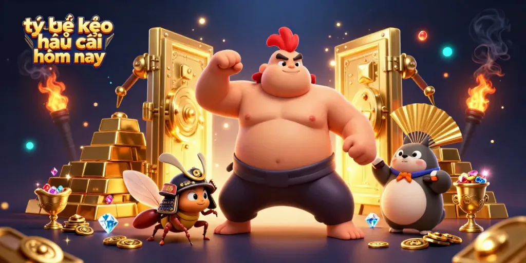 Tỷ lệ kèo nhà cái hôm nay illustration depicting a sumo rooster, samurai cricket, and tanuki announcer surrounded by treasures.
