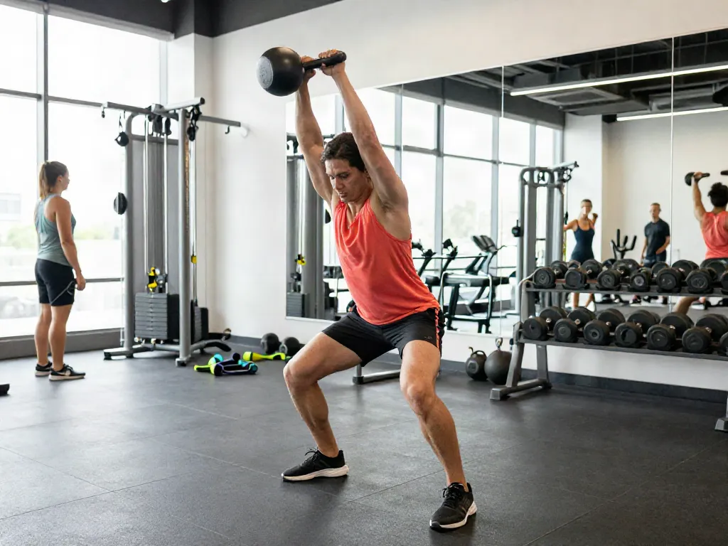 Streek fitness workout with an athlete using a kettlebell in a vibrant gym.