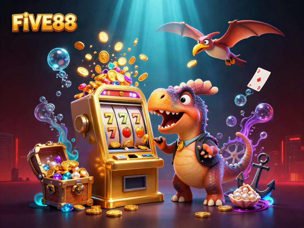 Experience the thrilling jackpot action with FIVE88 as cartoon dinosaurs bring the casino to life with massive payouts.