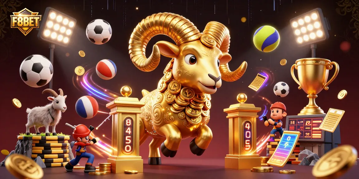 Experience the thrill of F8BET as a golden ram charges through dynamic sports elements, filled with excitement.