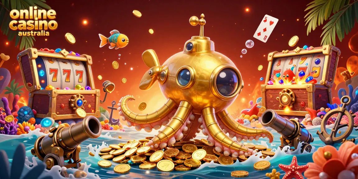 Experience the thrilling gameplay of online casino australia with a vibrant 3D scene of a golden kraken submarine.