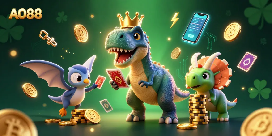 Experience thrilling gameplay at AO88 with a cartoon T-Rex shuffling cards and crypto coins in a vibrant casino scene.