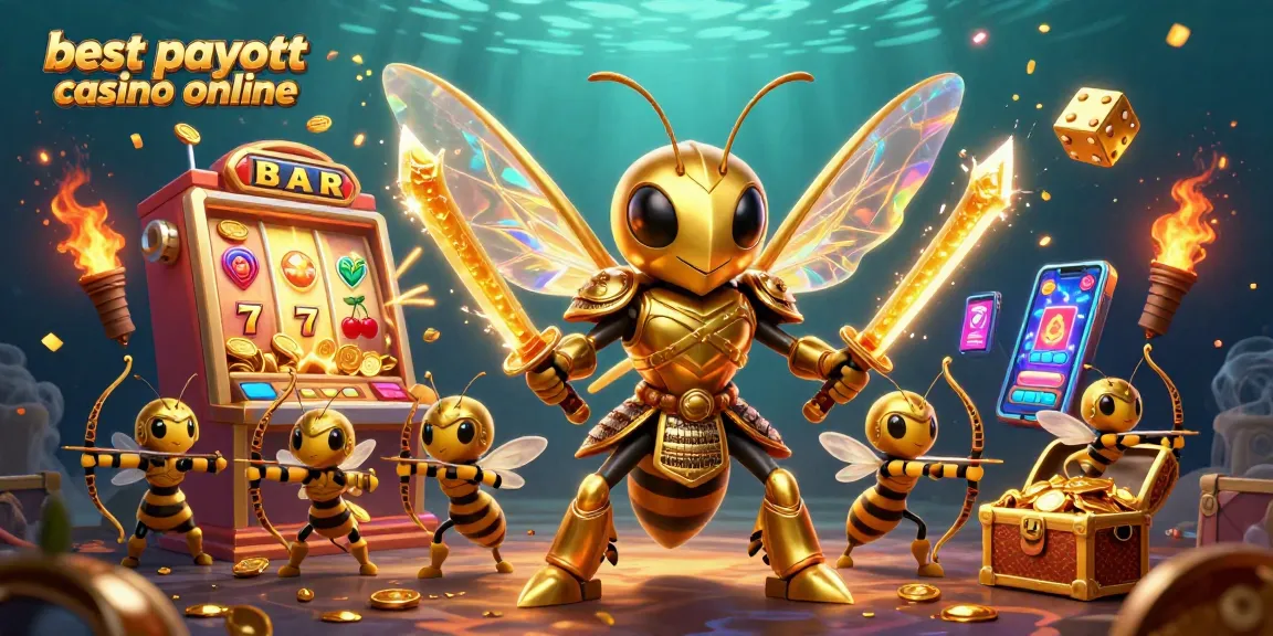 Experience the thrill at the best payout casino online with a vibrant scene of golden hornets and jackpot slots.