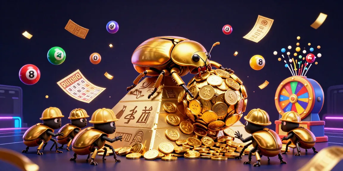 Engage with thrilling gaming experiences at 8xbet, featuring dynamic 3D casino-themed visuals of beetles and lottery elements.