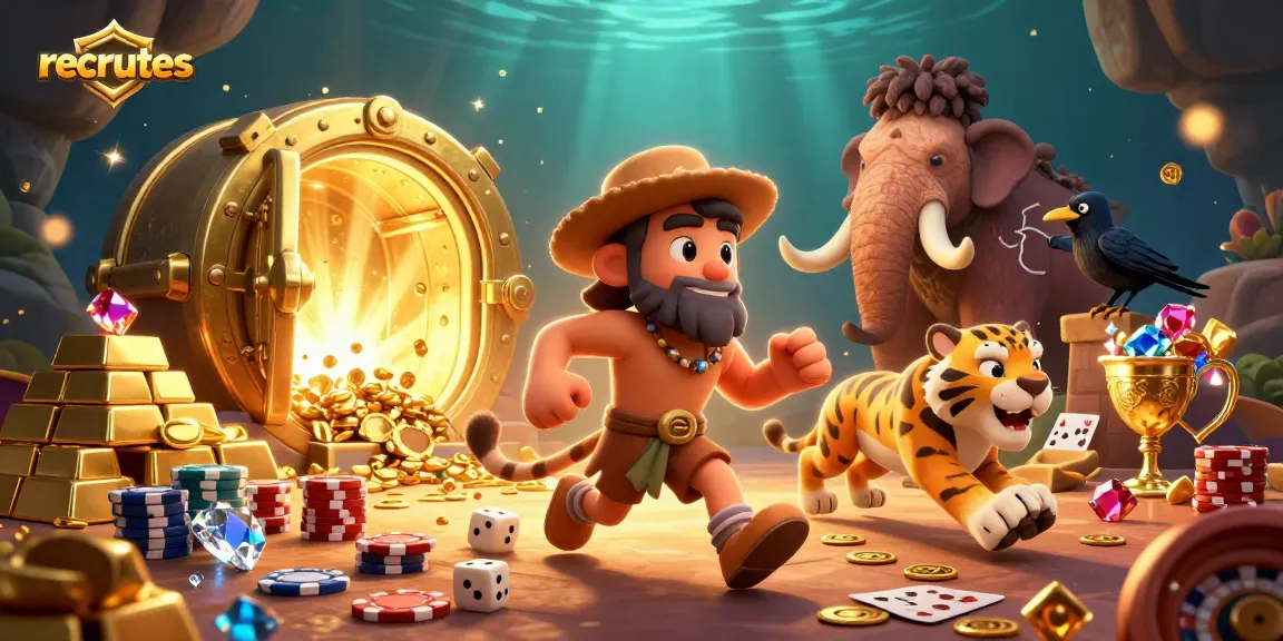 Experience the thrilling world of recrutes with a lively prehistoric casino scene showcasing vibrant game elements.