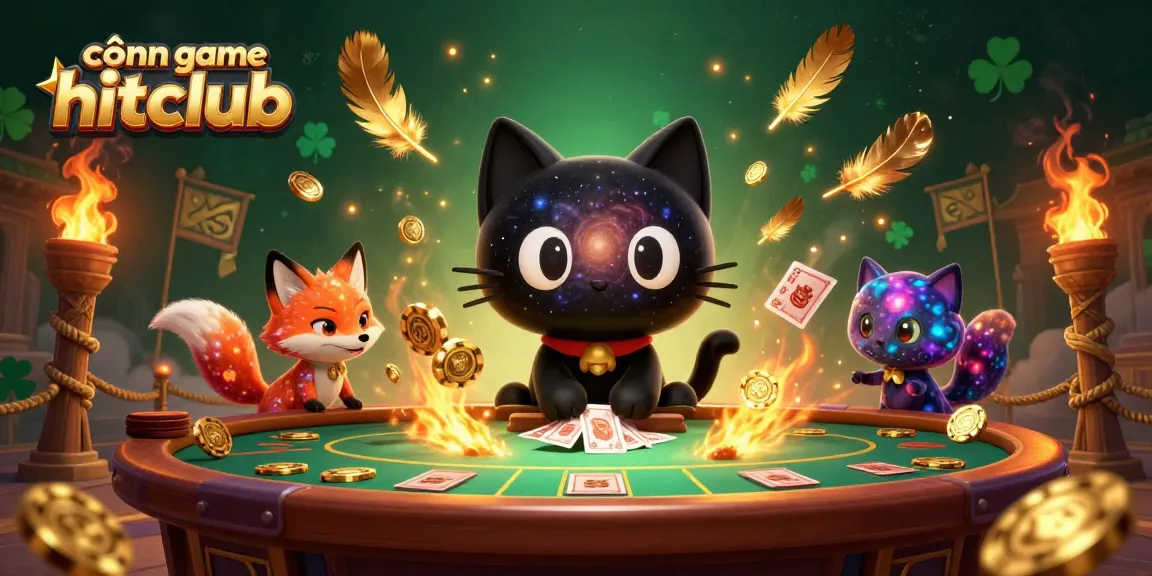 Catching excitement at cổng game hitclub, the cosmic cat captivates with golden chips and shimmering cards.