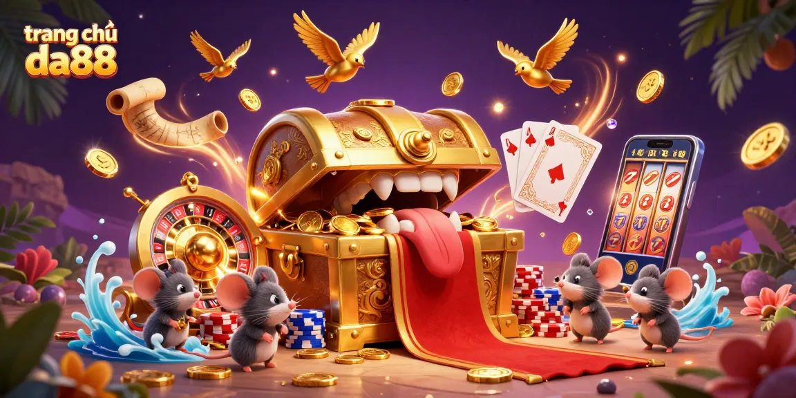 Engage with the rich world of trang chủ da88, featuring a treasure chest mimic enticing adventurer mice amidst vibrant casino elements.