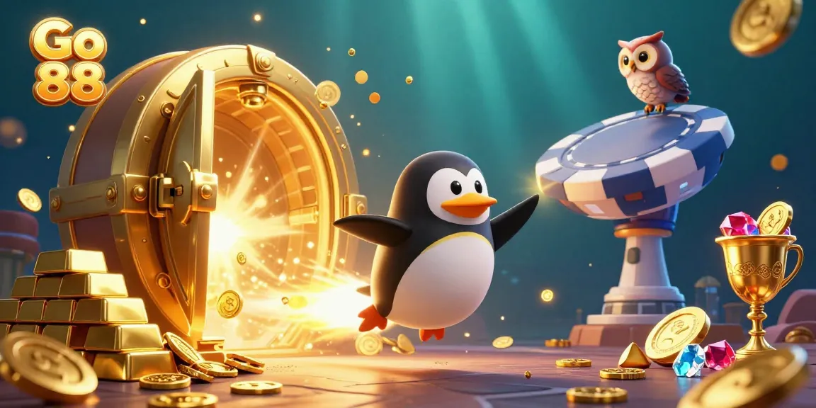 Experience the thrill of Go 88 with a vibrant digital casino scene featuring a penguin and treasure.